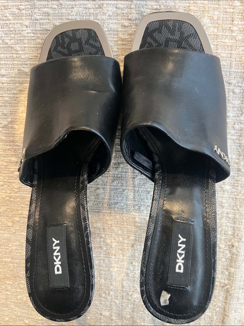 DKNY Black Leather Slide Sandals with Gray Accent